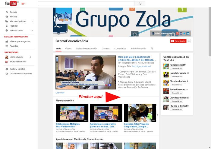 web YouTube Grupo Zola