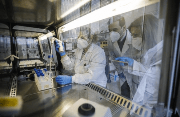 Adolfo Fernandez y Belen Cabal observan como la biologa Raquel Diaz realiza un prueba en el laboratorio del Centro de Investigacion en Nanomateriales y Nanotecnologia CINN