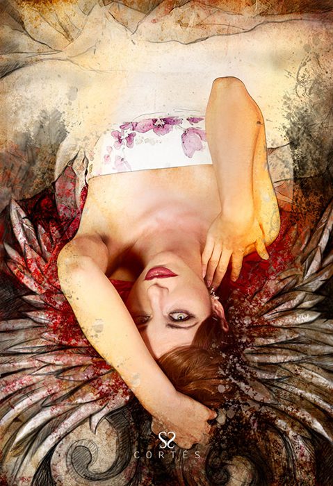 Mixed media, beautiful woman with red hair with wings, art illustration