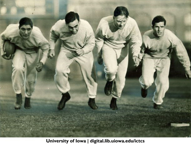 Iowa football players Frank Balazs, Robert Kelley, Edwin McLain and Russell Busk, The University of Iowa, 1938. https://flic.kr/p/dfdHwA